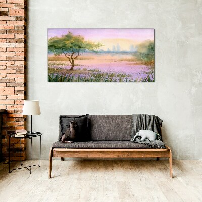 Glas foto Ochtendlandschap met een boom