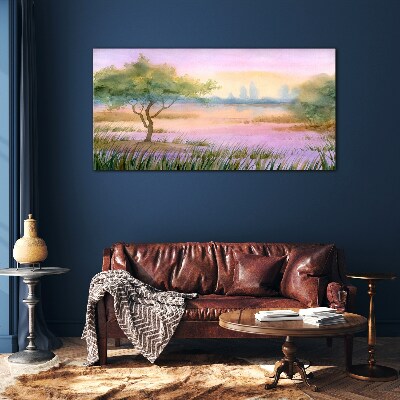 Glas foto Ochtendlandschap met een boom