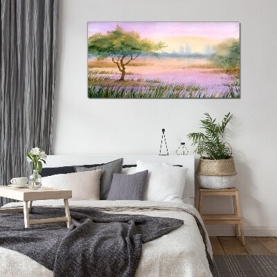 Glas foto Ochtendlandschap met een boom