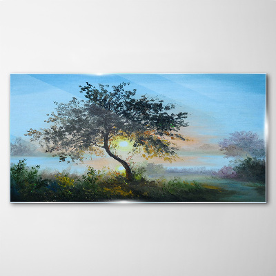 Foto op glas Zonsondergang over het meer