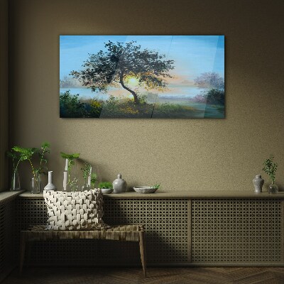 Foto op glas Zonsondergang over het meer