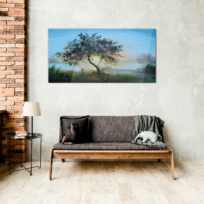 Foto op glas Zonsondergang over het meer