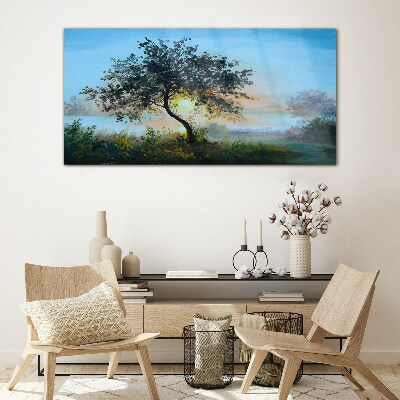 Foto op glas Zonsondergang over het meer