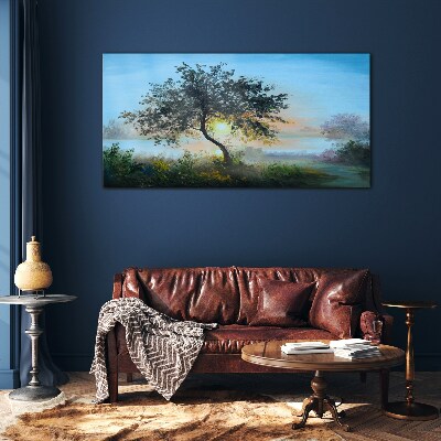 Foto op glas Zonsondergang over het meer