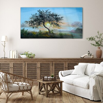 Foto op glas Zonsondergang over het meer