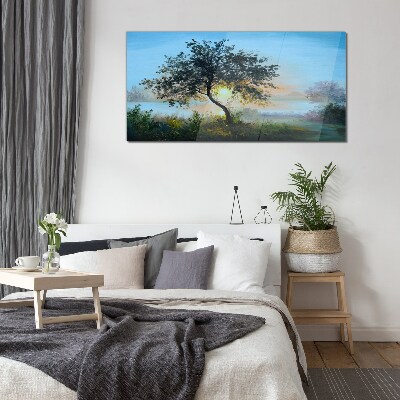 Foto op glas Zonsondergang over het meer