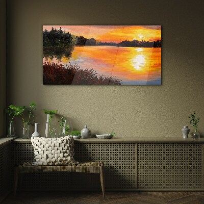 Glas foto Zonsondergang over het meer