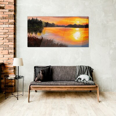 Glas foto Zonsondergang over het meer