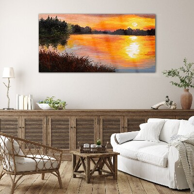 Glas foto Zonsondergang over het meer
