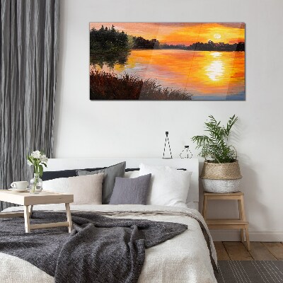 Glas foto Zonsondergang over het meer