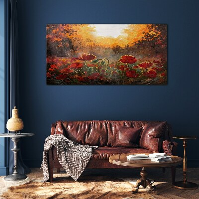 Foto op glas Gouden klaprozen in het ochtendlicht