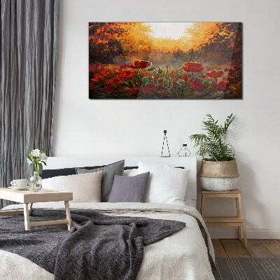 Foto op glas Gouden klaprozen in het ochtendlicht