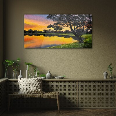 Glas foto Zonsondergang over het meer