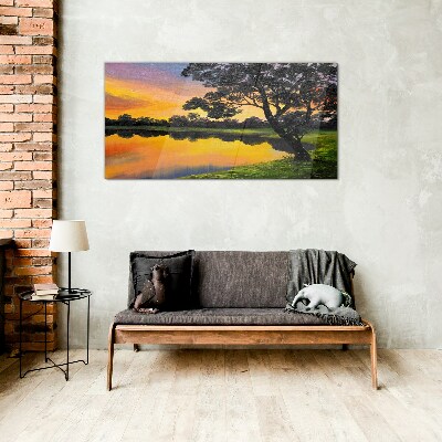 Glas foto Zonsondergang over het meer