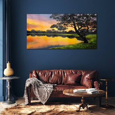 Glas foto Zonsondergang over het meer