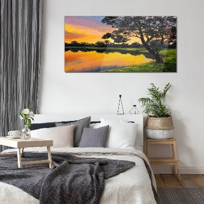 Glas foto Zonsondergang over het meer