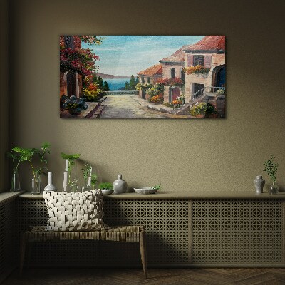 Schilderij op glas Een charmante straat aan zee