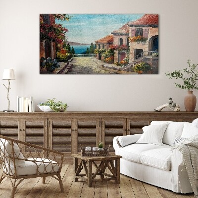 Schilderij op glas Een charmante straat aan zee
