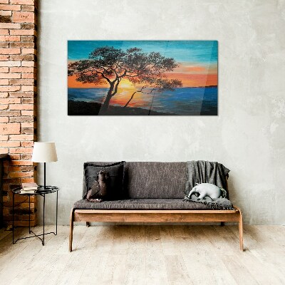 Foto op glas Zonsondergang over het meer