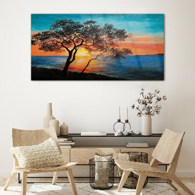 Foto op glas Zonsondergang over het meer