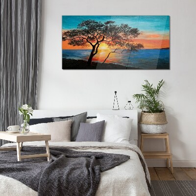 Foto op glas Zonsondergang over het meer