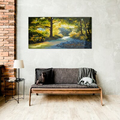 Glas foto Gouden licht in het boslandschap