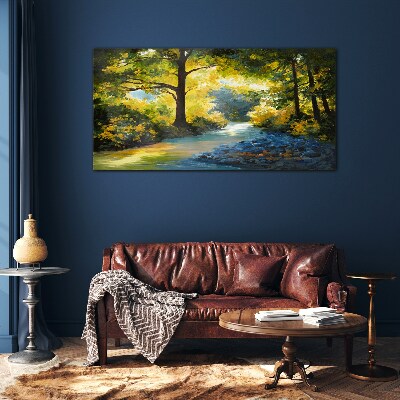 Glas foto Gouden licht in het boslandschap