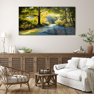 Glas foto Gouden licht in het boslandschap