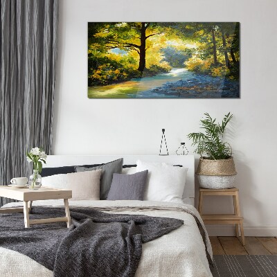 Glas foto Gouden licht in het boslandschap