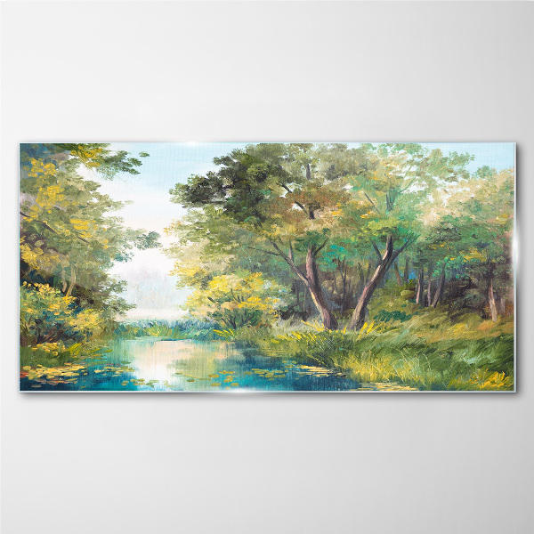 Schilderij op glas Een vredig boslandschap aan het water