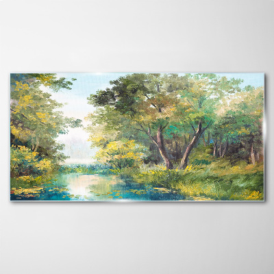 Schilderij op glas Een vredig boslandschap aan het water