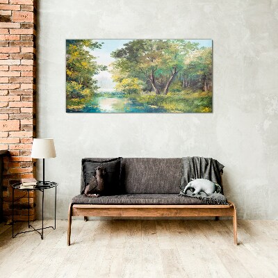 Schilderij op glas Een vredig boslandschap aan het water