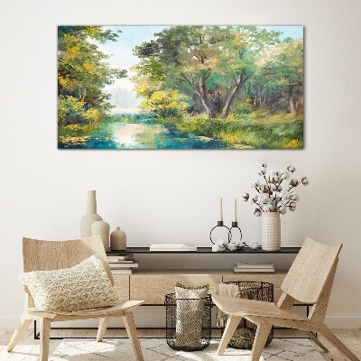 Schilderij op glas Een vredig boslandschap aan het water