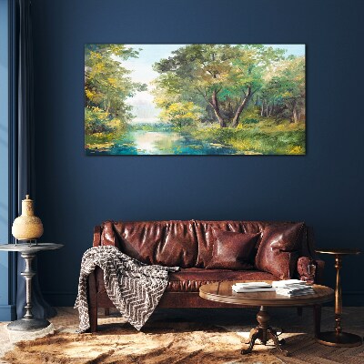 Schilderij op glas Een vredig boslandschap aan het water