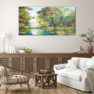 Schilderij op glas Een vredig boslandschap aan het water