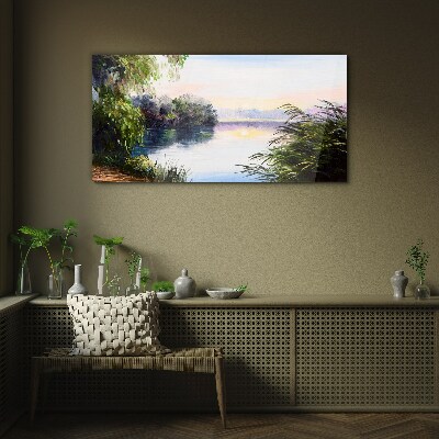 Schilderij op glas Een vredig landschap aan de rivier
