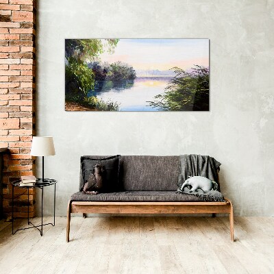 Schilderij op glas Een vredig landschap aan de rivier