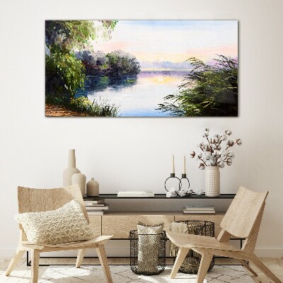 Schilderij op glas Een vredig landschap aan de rivier