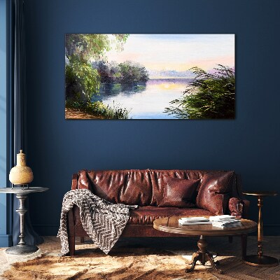 Schilderij op glas Een vredig landschap aan de rivier