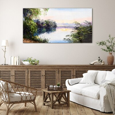 Schilderij op glas Een vredig landschap aan de rivier