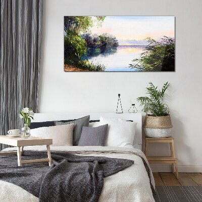 Schilderij op glas Een vredig landschap aan de rivier