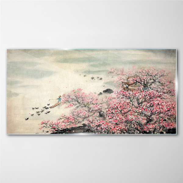 Foto op glas Lentelandschap met bloeiende bomen