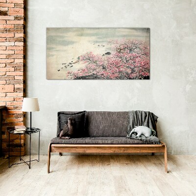 Foto op glas Lentelandschap met bloeiende bomen