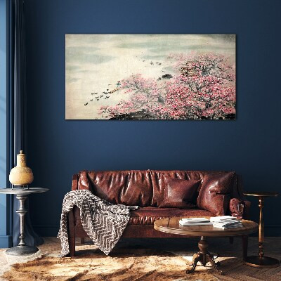 Foto op glas Lentelandschap met bloeiende bomen