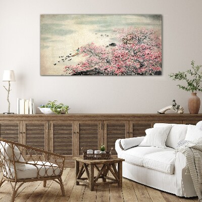 Foto op glas Lentelandschap met bloeiende bomen