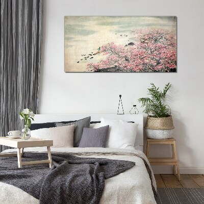 Foto op glas Lentelandschap met bloeiende bomen