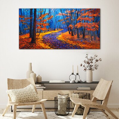 Glas foto Herfstlaan in de kleuren van de zonsondergang