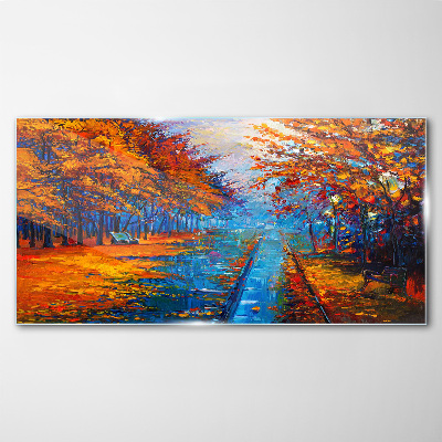 Foto op glas Gouden herfst over het kalme water