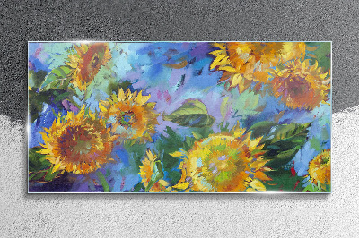 Schilderij op glas Zonnebloemen in een kleurrijke compositie