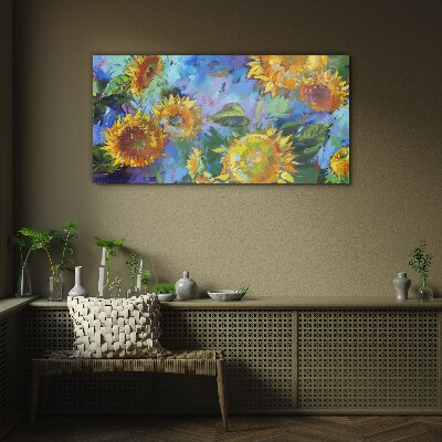 Schilderij op glas Zonnebloemen in een kleurrijke compositie